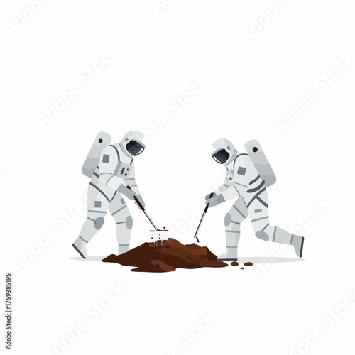 Flat Illustration Two Astronauts Digging Soil Surface Colonization Space Exploration