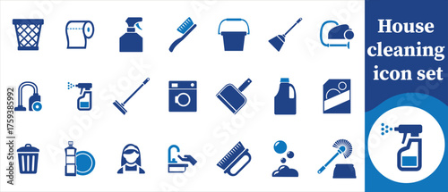 House cleaning icon set, thin, bucket, mop, toilet, liquid, machine, flashing, disinfection, supplies, professional, domestic, routine, broom, tools, sanitary, scrub, shine and more