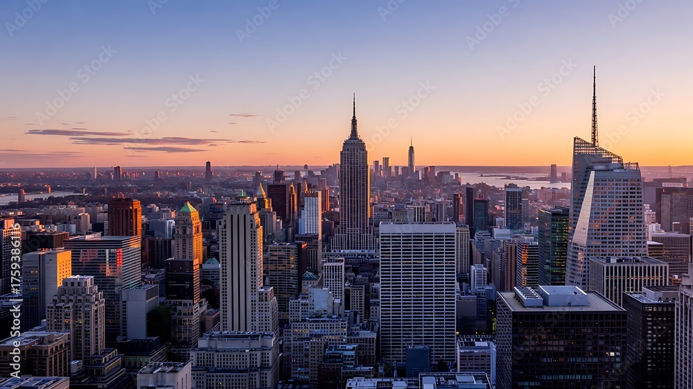 Fototapeta premium City skyline with famous landmarks glowing under sunset light, clean professional composition, modern urban architecture photography