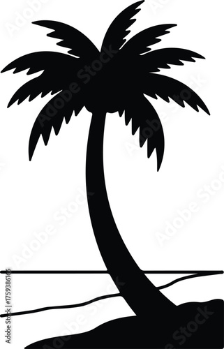Vector tropical palm tree on beach coastline silhouette illustration