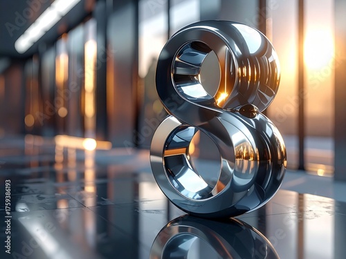 Chrome Number 8 Sculpture in Modern Sunset Interior