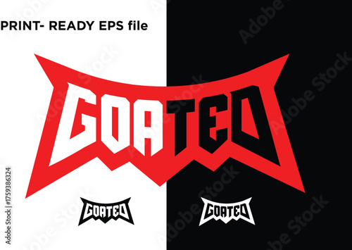 Dynamic 'GOATED' text logo in a sharp, edgy, and aggressive style with a red background and inverse black and white versions, conveying excellence, sports, gaming, and bold branding