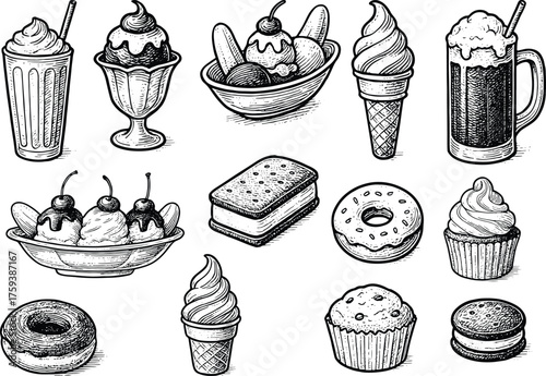 Dessert and sweet food collection, hand drawn vector illustration set