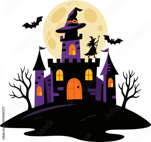 Witch Hat Halloween Castle Vector Illustration, Haunted Mansion with Witch, Full Moon, Bats, and Spooky Trees
