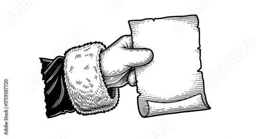 Santa Claus's Hand Holding a Christmas Message An Engraved Illustration for Holiday Greetings