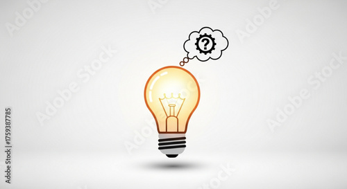 A glowing light bulb with a question mark in a thought bubble, symbolizing a new idea or solution