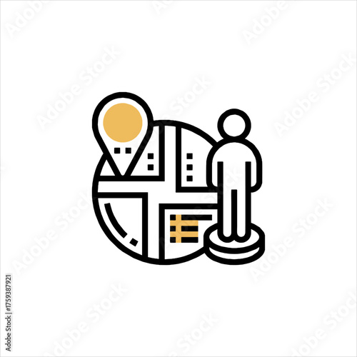 Person stands on stylized map with location pin, representing navigation and wayfinding in a modern, minimalist style.
