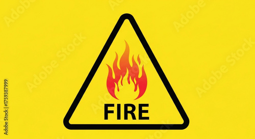 A yellow triangle warning sign with a flame and the word fire, indicating danger of fire and caution needed