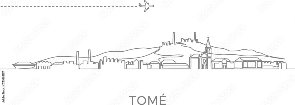 Obraz premium Tomé Skyline with Airplane and Dashed Line