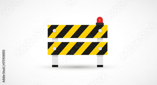 Illustration of a yellow and black striped barrier with a red light, , indicating road work or construction