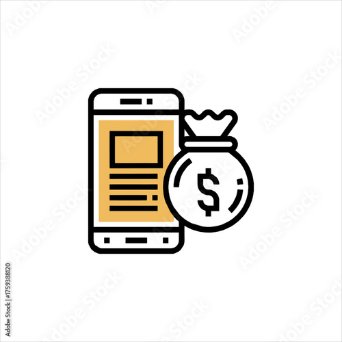 Smartphone displays financial news next to a bag of money, symbolizing online banking and digital finance in a modern and convenient way.