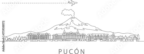 Pucón Chile Volcano Town Line Art with Airplane