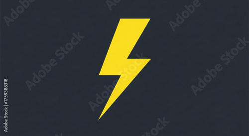 Yellow lightning bolt on a dark gray background symbolizes power, energy, speed, and electricity in a simple and striking graphic design