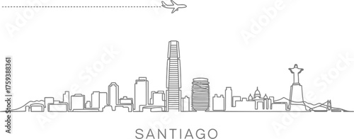 Santiago skyline with airplane and dotted flight path