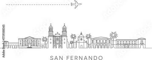 San Fernando Skyline with Airplane Travel Line Art