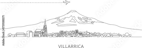 Villarrica Cityscape Skyline with Volcano and Airplane