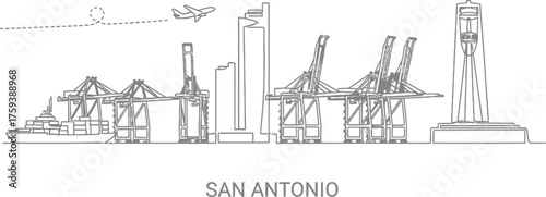 San Antonio Skyline with Container Ship and Cranes Line Art