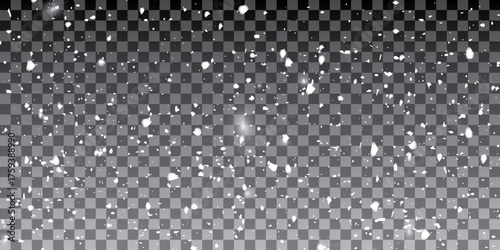 Falling snow flakes banner. White snowflakes flying in the air. Snow flakes, snow background. Winter snowfall illustration