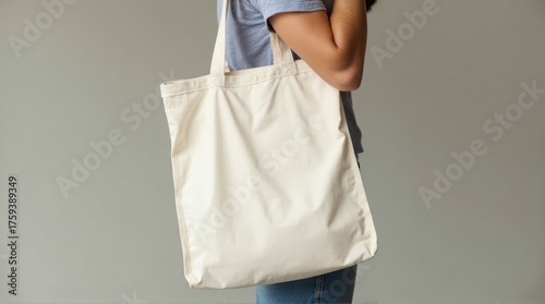 Woman in a blue shirt holding a blank white canvas tote bag for mockup.