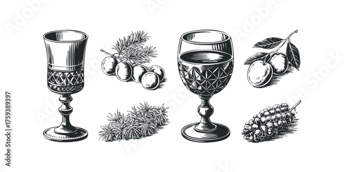 Intricate glassware and fresh fruit cluster still life