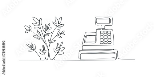 Black outline drawing of a plant and cash register