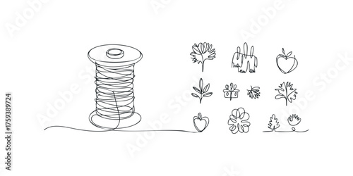 Spool of thread and nature line art icons