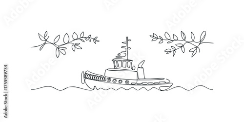 Line art tugboat sailing on water with branches