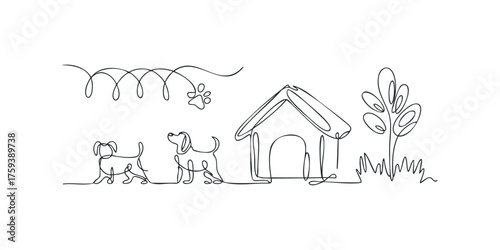 Minimalist line art of two dogs, a doghouse, and a plant