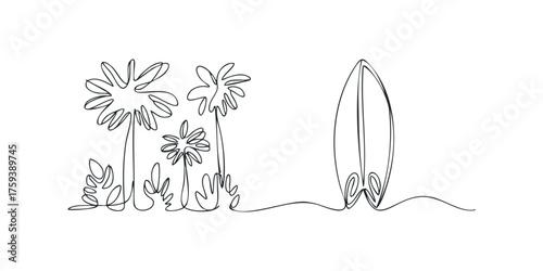 One line drawing of tropical palm trees and surfboard