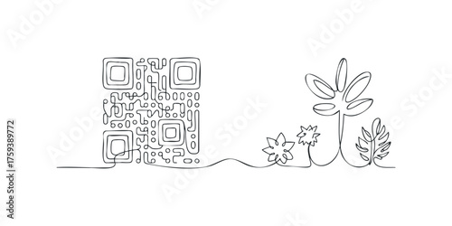 Continuous line drawing of QR code and stylized plants