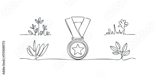 Line art of a medal surrounded by floral elements