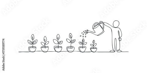 Person waters growing plants in a progression