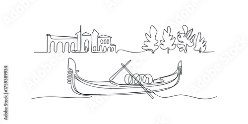 Continuous line drawing of a gondola on water with cityscape and trees
