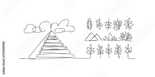 Minimalist single line drawing of layered pyramid and foliage
