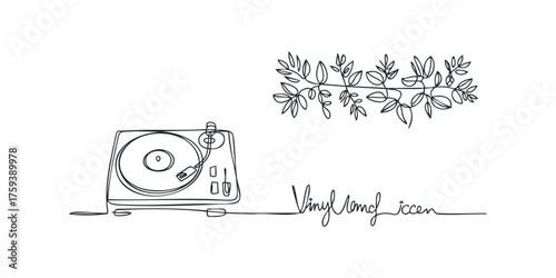 Hand drawn turntable with branch and script text