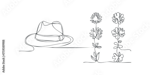Continuous line drawing of a fedora hat next to clover flowers