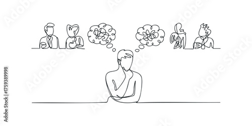Person thinking with tangled thought bubbles and colleagues