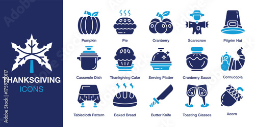 Thanksgiving Icon set. Containing roast, stuffing, gravy, cranberry, pumpkin and more. Solid vector icons collection. Vector illustration.
