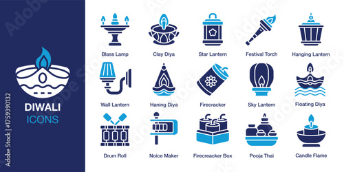 Diwali Icon set. Containing rangoli, candle, lantern, fireworks, sparkler and more. Solid vector icons collection. Vector illustration.