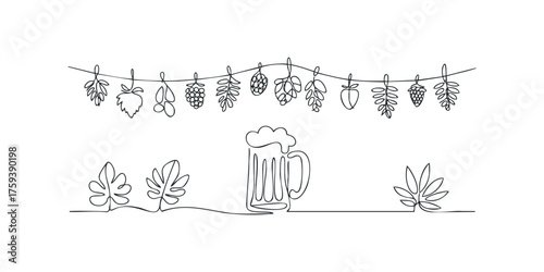 Single line drawing of beer mug and hanging hops