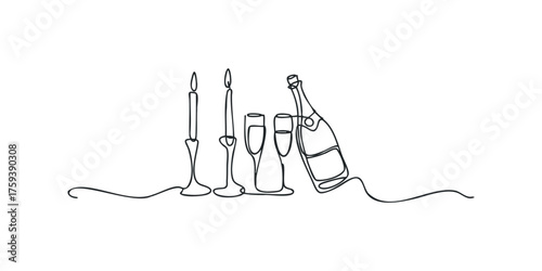 Continuous line drawing of champagne bottle and flutes