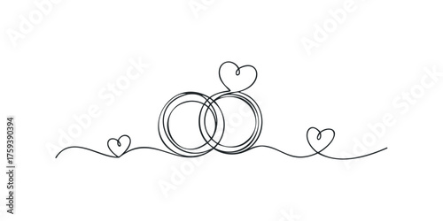 Linked wedding rings with hearts one line drawing