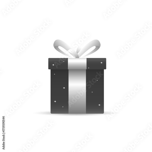 Black Gift box with white ribbon and glitter shine surface isolated on white background