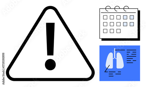 Exclamation mark in caution triangle, calendar with marked dates, lung X-ray graphic. Ideal for health awareness, medical alerts, deadlines, respiratory health, caution, time management or