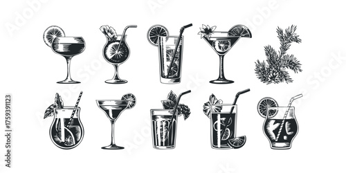 Collection of stylized refreshing beverages with citrus garnishes