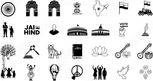 India National Symbols  Cultural Icons Vector Set: Ashoka Chakra, India Gate, Parliament, Flag, Tiger, Peacock, Lotus, Constitution, Republic Day Patriotic Elements Graphics