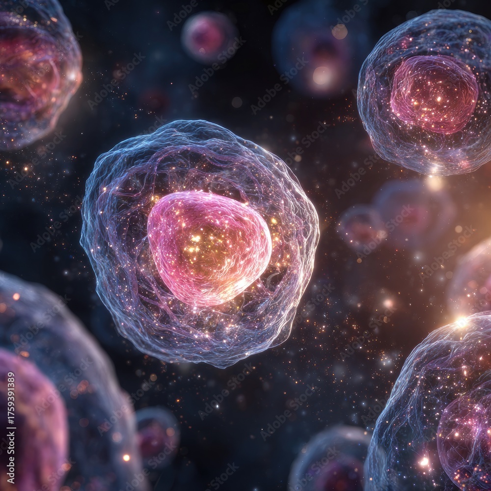 Naklejka premium Glowing pink/gold cell structure, blurred background