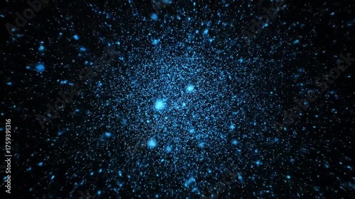 Shimmering blue particles explode in a dark, cosmic background, creating a sense of wonder and vastness.