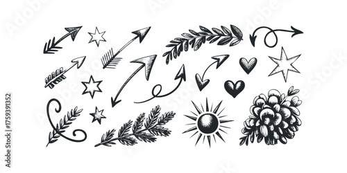 Hand Drawn Collection Of Arrows, Hearts, Sun, Stars and Botanicals