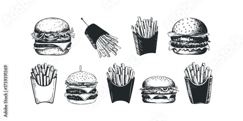 Collection of Hand-Drawn Hamburgers and French Fries